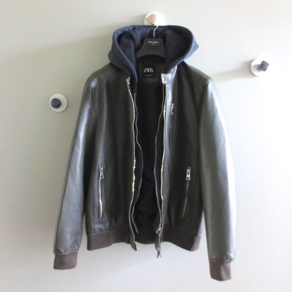 ZARA MAN DOUBLE ZIP LEATHER JACKET W/DETACHABLE HOOD - Picture 2 of 11